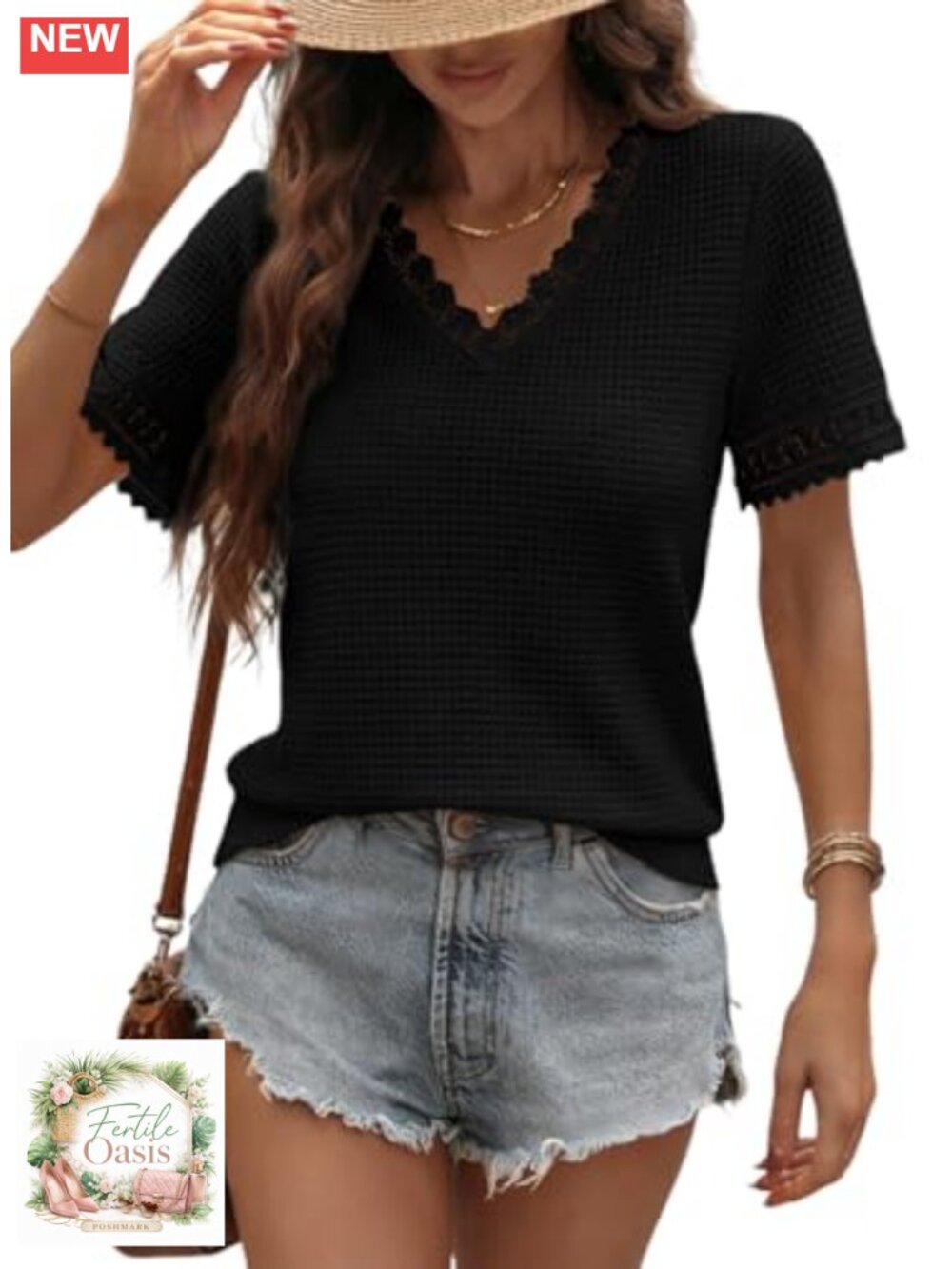 Women's V-Neck Short Sleeve Waffle Knit Lace Patchwork Tunic Top